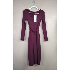 Anna Field Womens Ribbed Knit Midi Dress Windsor Wine Wrap V-Neck Minimalist